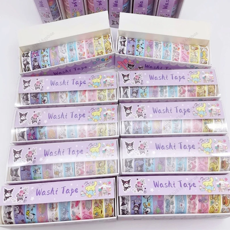 MINISO Kawaii Stickers 10Roll Box Sanrio Stickers Kuromi Melody Cinnamoroll Hand book Stickers Hand Account Sticker Kid Toys