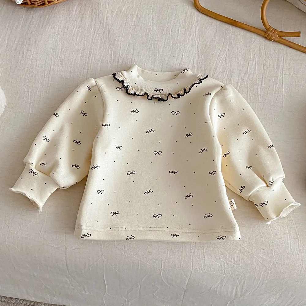 

Toddler Girl Boutique Clothes Velvet Thicken Warm Winter Kids Long Sleeve Tops Ruffles Bow Dot Print Christmas Children Tshirts