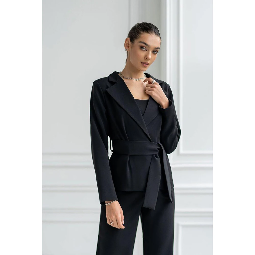 

Classy Black Women Pants Set With Belt New Female Two Pieces(Blazer+Trousers) conjuntos femininos elegantes