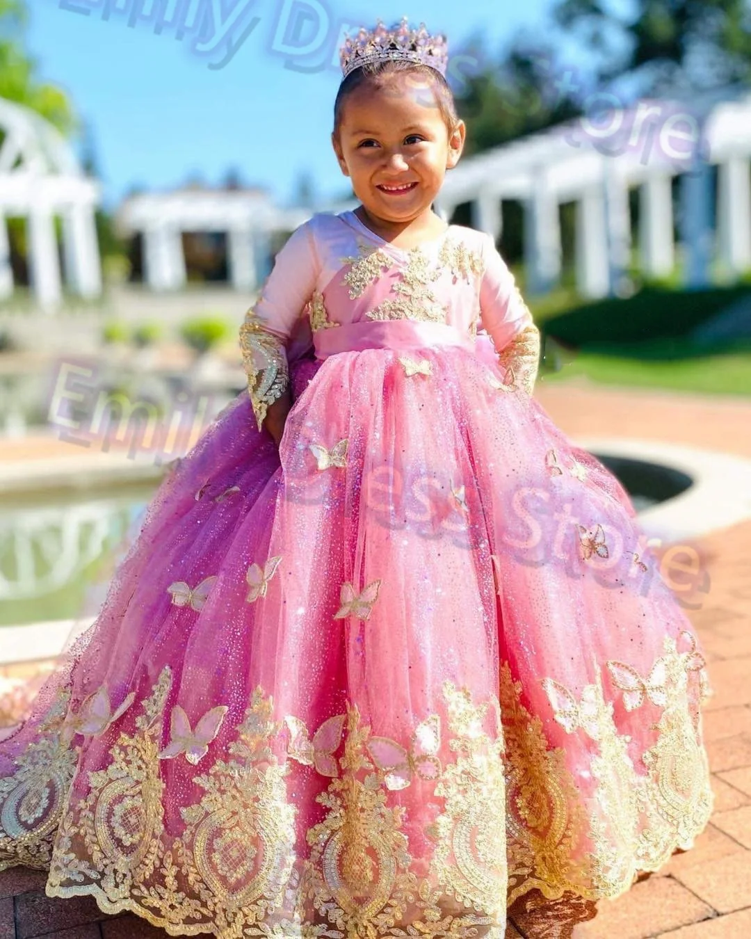 

Customized Pink Flower Girl Dress For Wedding Applique Luxury Lace Tulle Bow Puffy Birthday Children First Communion Gowns