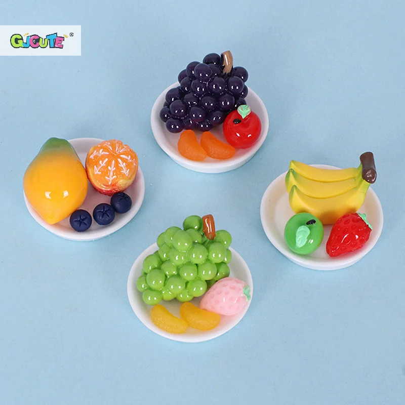 1/12 Dollhouse Simulation Fruit With Plate Miniture Grapes Banana Papaya Food Toys Model Dolls House Decoration Accessories