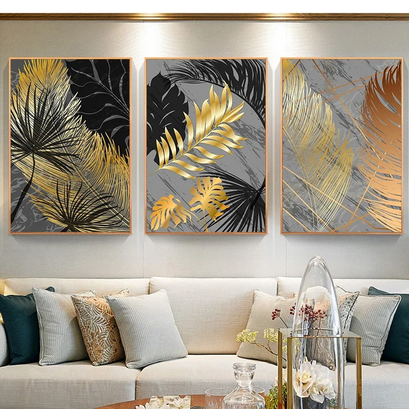3Pcs/Set Frameless Paintings Plants Flowers Golden Leaves Art Canvas Posters Prints Abstract Wall Decor Minimalist Wall Painting