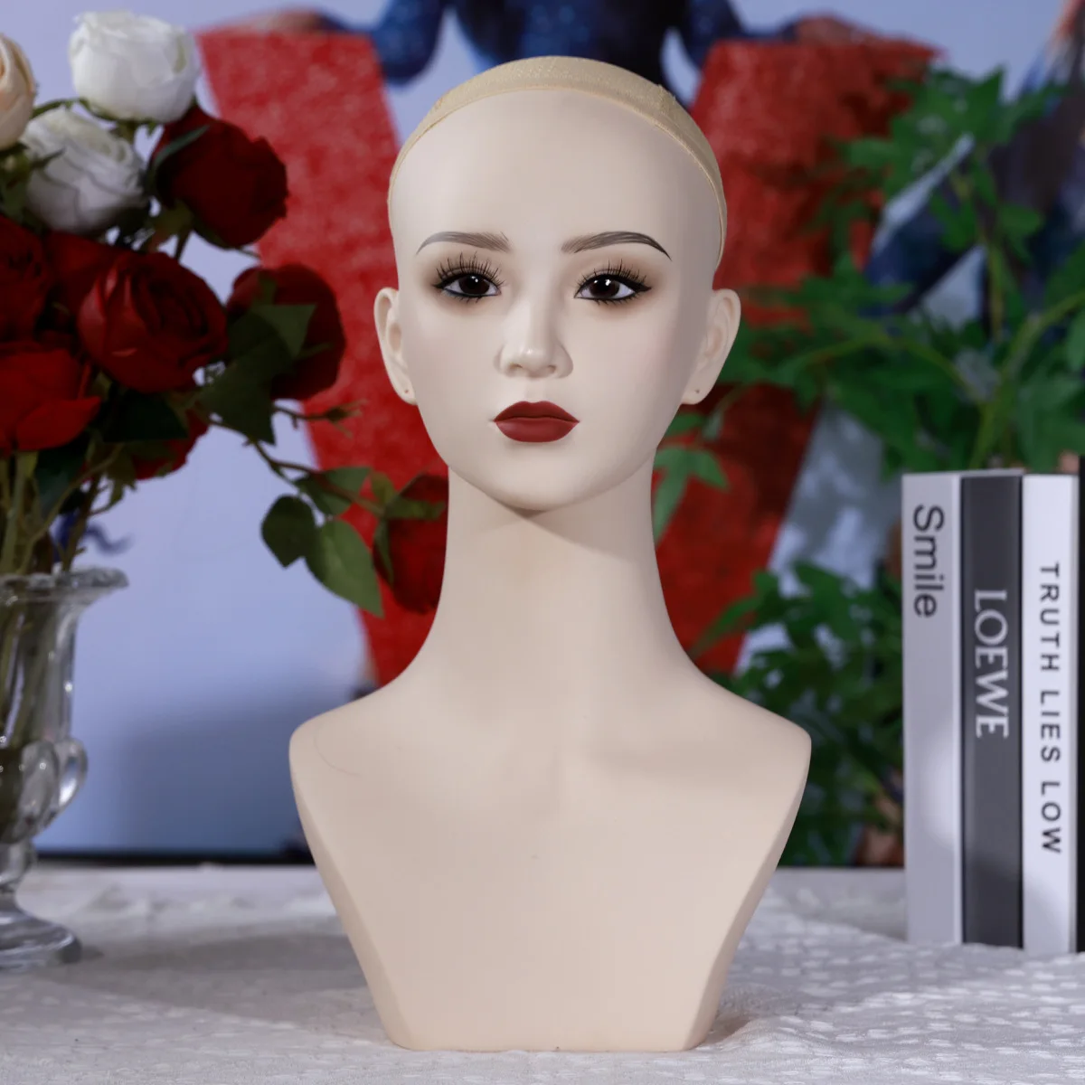 

Realistic Female Mannequin Head with Shoulders for Wig Display Long Neck Model Head for Hats Scarves