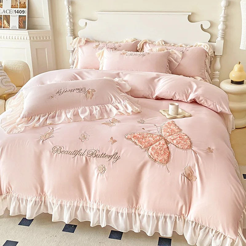 3/4Pcs Korean Princess Style Washed Cotton Three-Dimensional Embroidered Butterfly Queen Size Bedding Set 180X200 Bedspread Set