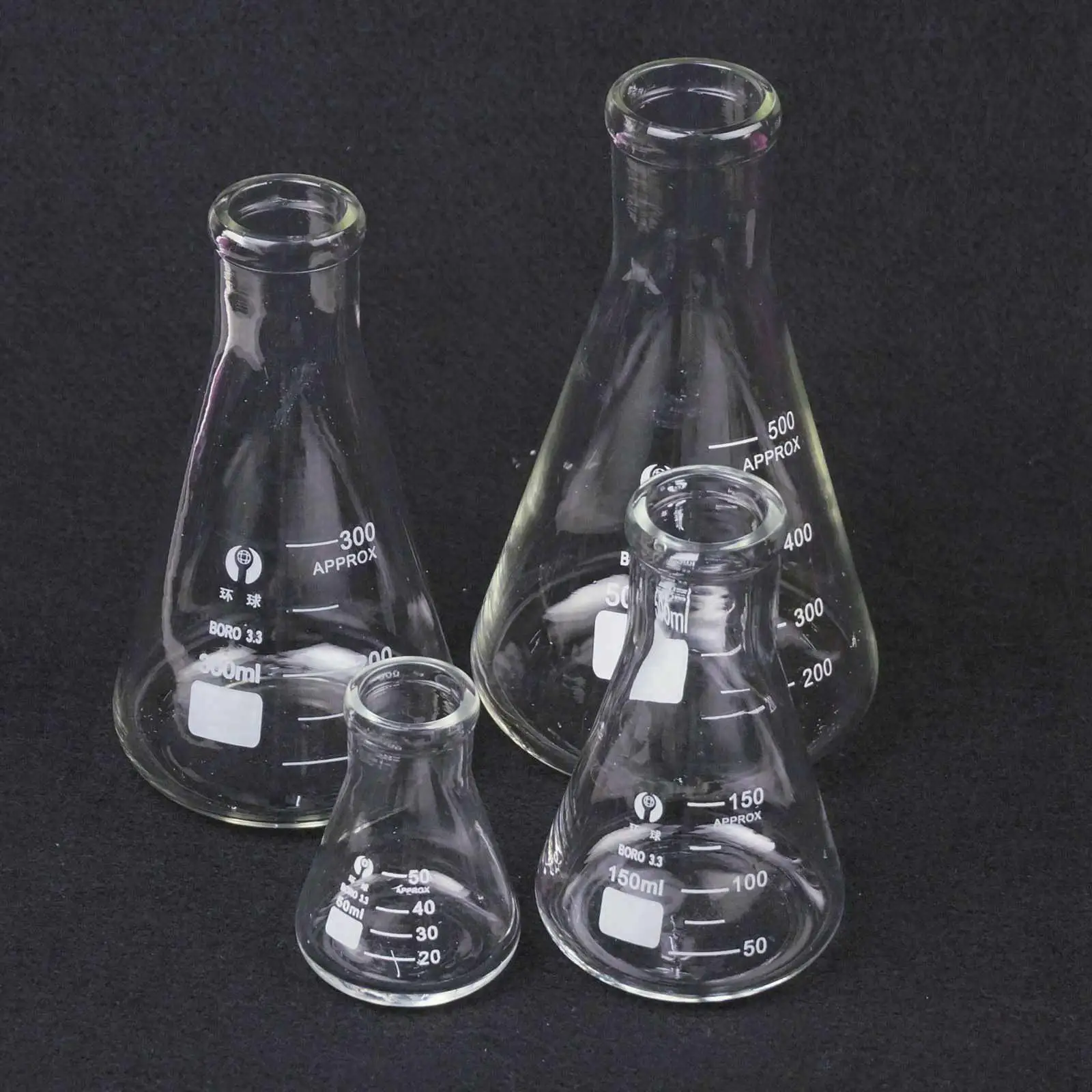 Frasco de vidrio de borosilicato G3.3, frasco cónico de 100ml, 150ml, 200ml, 250ml, 300ml, 500ml, 1000ml, 2000ml, 3000ml, 5000ml