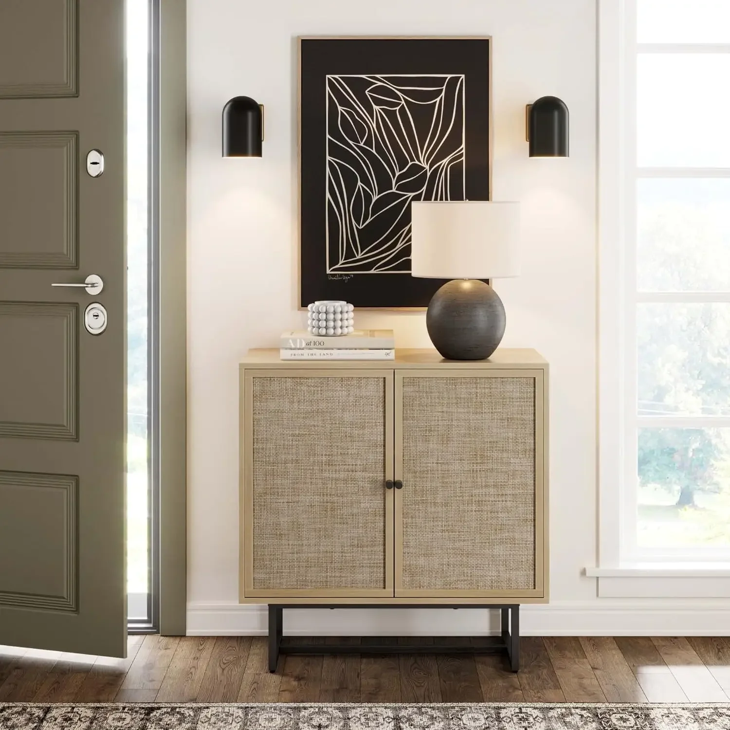 Nathan James Kova-armoire de rangement naturelle, buffet bois et rotin, cadre en métal 256, intérieur réglable