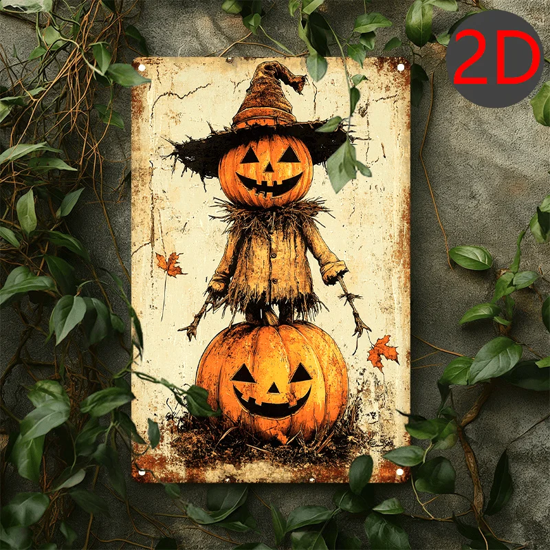 Vintage Halloween Pumpkin Scarecrow Metal Wall Decor - 8x12 Inch Rustic Farmhouse Tinplate Art Sign with Jack-O'-Lanterns