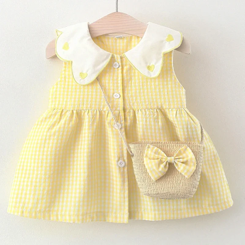 

2Piece New In Summer Girls Dresses Korean Cute Doll Collar Plaid Cotton Toddler Princess Dress+Bow Bag Baby Clothes Outfit BC138