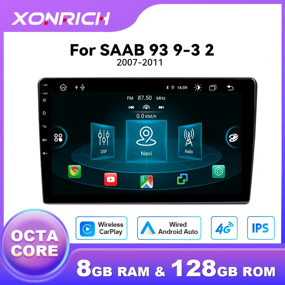 Autoradio Android 14 per Saab 93 2007-2011 con Navigazione GPS, 4G, WIFI, Multimedia, Carplay Wireless, Stereo e Schermo IPS 1280*720