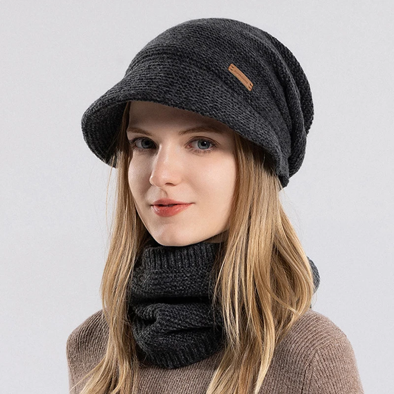 Winter Knitted Hat Scarf Set for Women Thickened Fleece Lining Beanies Short Brim Plush Bonnet Outdoor Windproof Warm Riding Cap