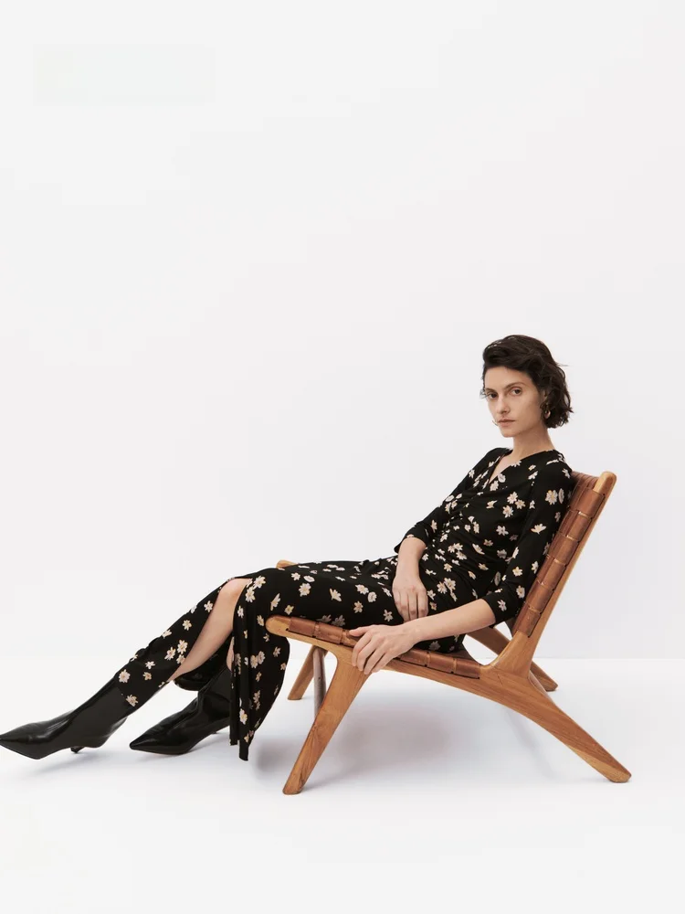 

Retro Daisy Floral Print Long Dr Women's Edition Autumn New Sle V-ne Seven-sve Bodycon Skirt Faionable Gown