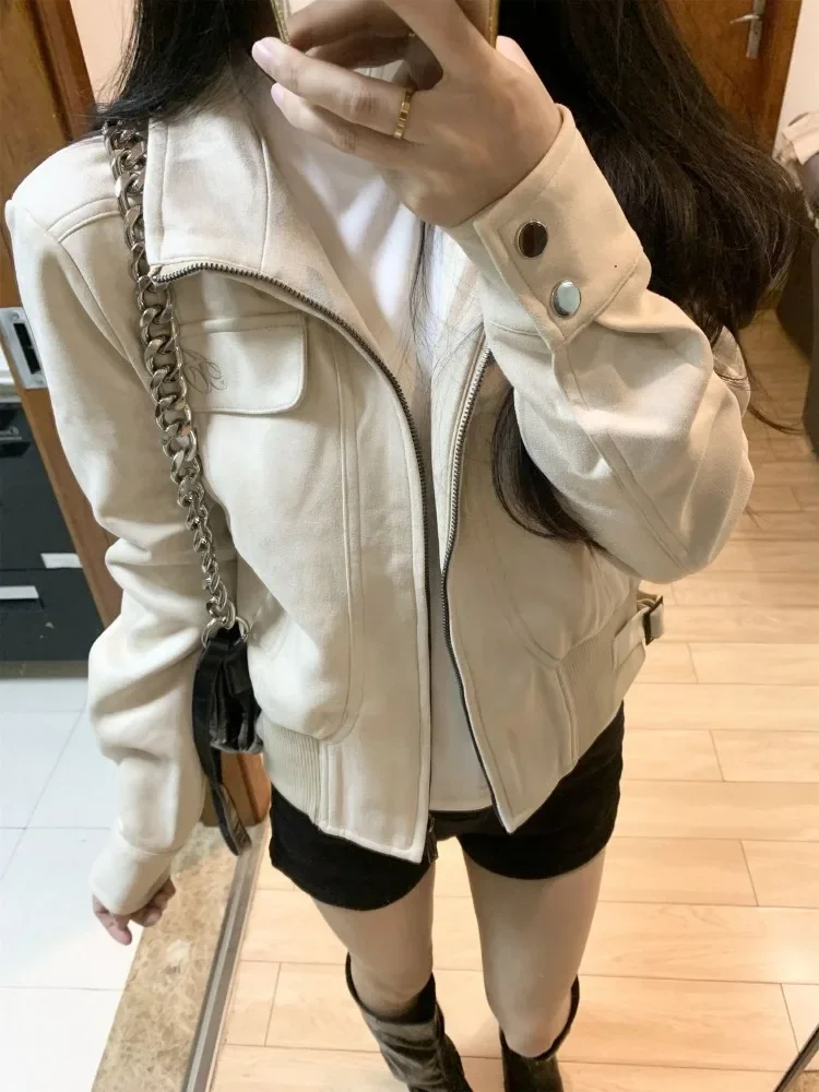 Vintage American Faux Suede Biker Jacket Women Petite Slim Fit Cropped Zip Up Chest Pocket Casual Streetwear Outerwear 2026