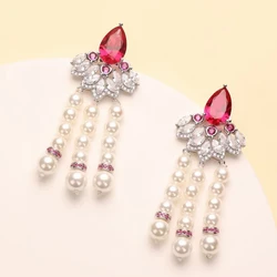 2024 New Hot Vintage Women's Pearl Earrings Luxury Temperament Girl Women Beauty Tassel Red Earrings Pendientes 2024 Tendencia