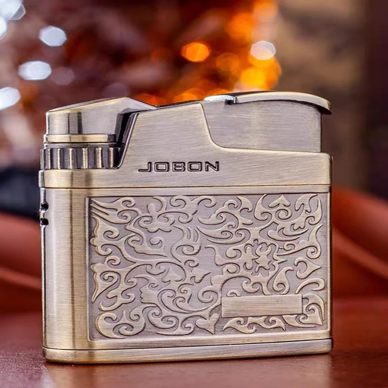 JOBON Embossed Butane Gas Lighter Jet Metal Windproof Torch Cigarette Cigar Lighter Retro Press Ignition Smoking Accessories