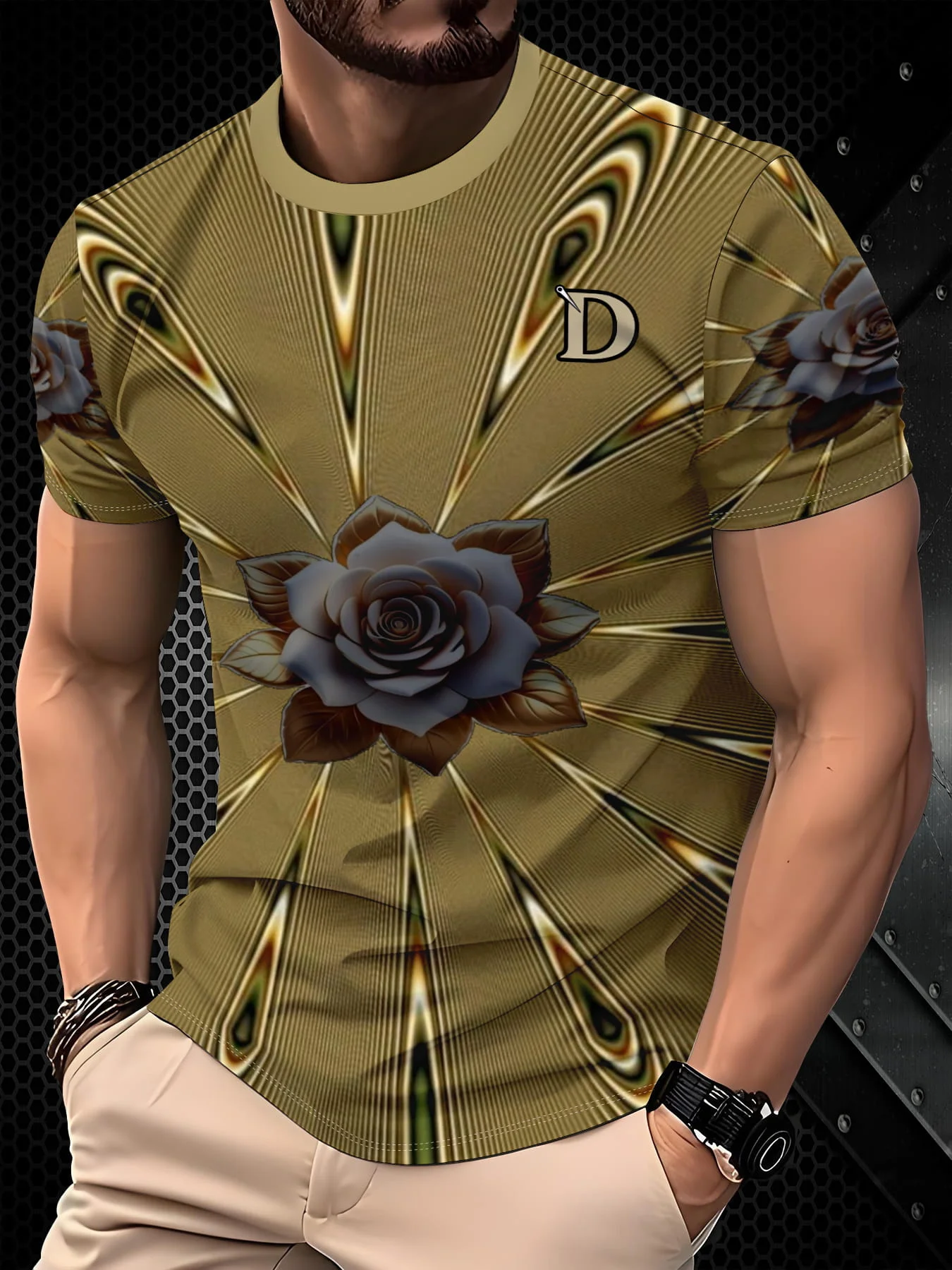 Men's Luxury Golden Radial Line Rose Print T Shirt Vintage Letter D Decor Short Sleeve Fashion Casual Tee