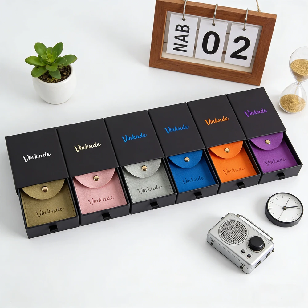 

100Pcs/Lot Custom Ring Black Paper Box Microfiber Snap Button Bag Personalized Logo Necklace Package Bulk Drawer Cardboard Case