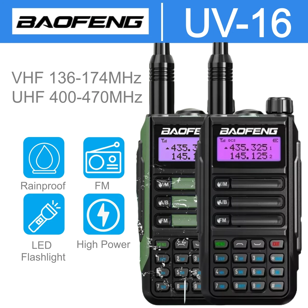 

Baofeng Uv-16 рации дальнего действия, трехдиапазонная 10 км, водонепроницаемая радиолюбитель VHF/UHF, двухдиапазонная двусторонняя радиосвязь, зарядное устройство USB-C для кемпинга