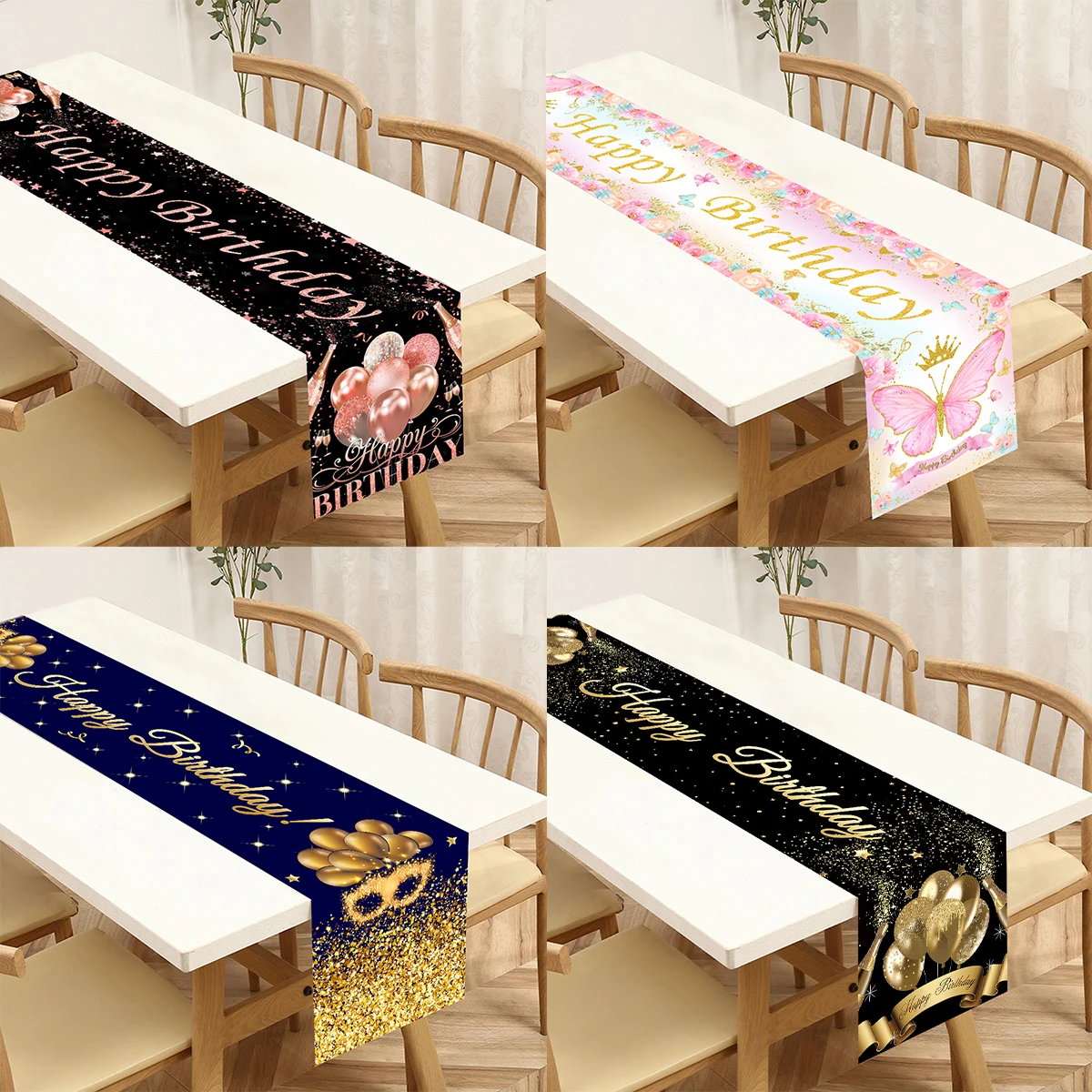 Black Gold Happy Birthday Table Runner 30th 40th 50th Birthday Party Decoration Adult  Anniversary Birthday Party Supplies