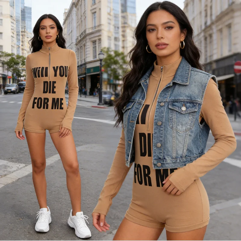 

American style spicy girl letter jumpsuit shorts, women's half high collar zipper tight fit slimming long sleeved top