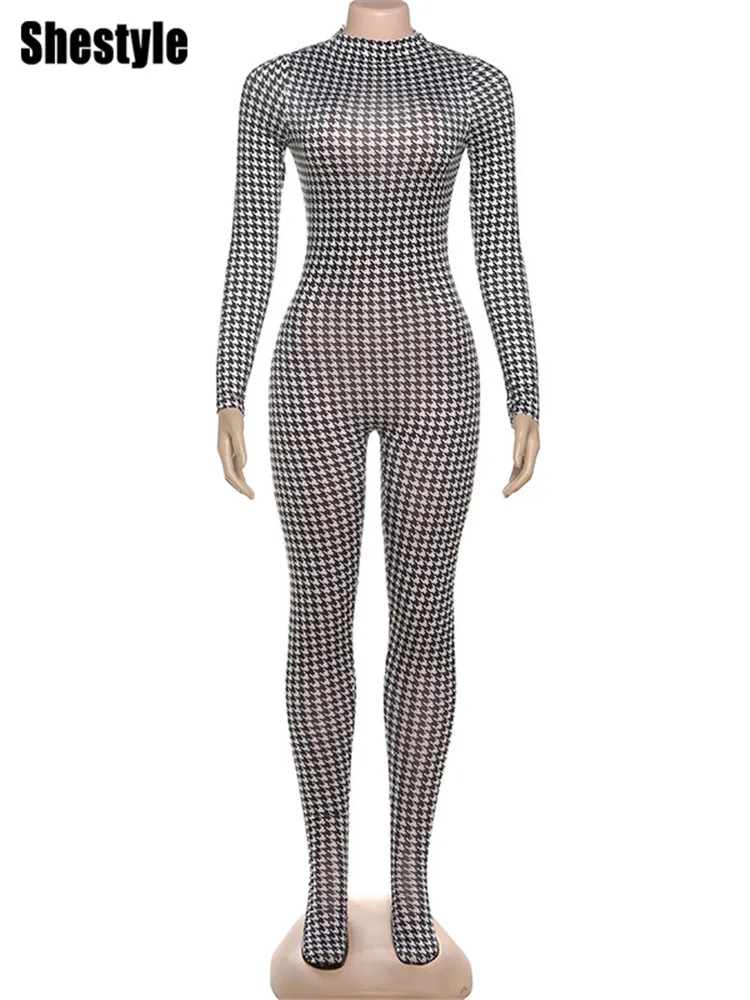 Shestyle منقوشة Bodycon حللا النساء مع تخزين الياقة المدورة الرياضية عارضة الشتاء أزياء جديدة سستة اللياقة البدنية الملابس الجديدة