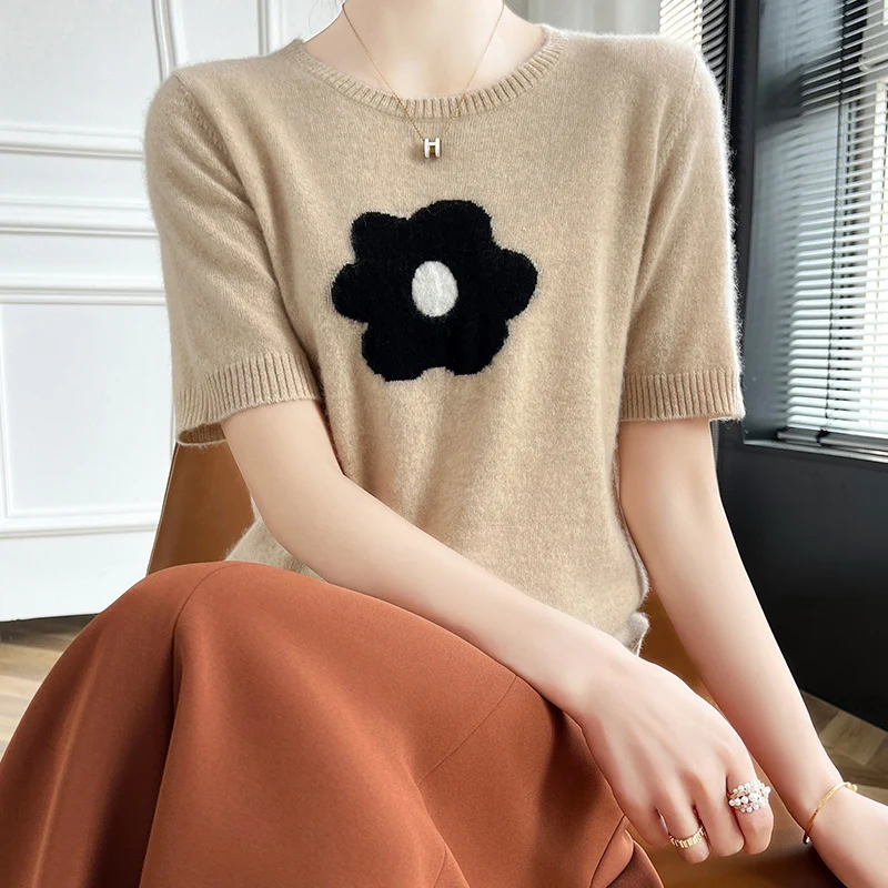 Модный женский свитер из 100% мериносовой шерсти с круглым вырезом, модный вязаный свитер с цветочным принтом, пуловер с короткими рукавами, кашемировый мягкий удобный топ одежды