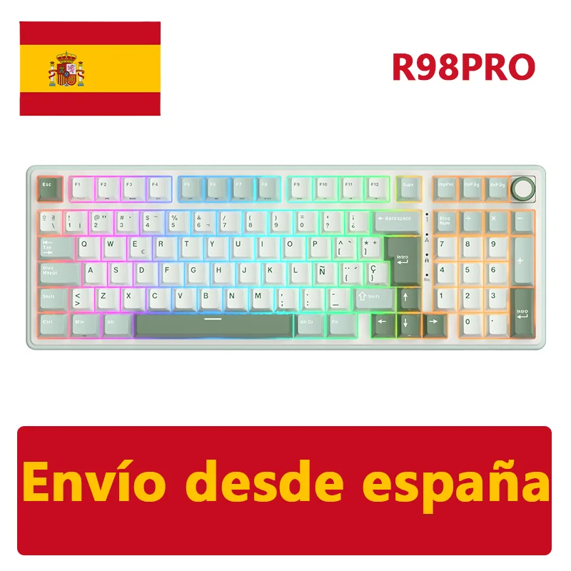 RK ROYAL KLUDGE R98Pro Bedraad Spaans mechanisch toetsenbord 98 toetsen PBT Keycaps Gasket RGB Metalen knop Gamer-toetsenbord Hot-swappable