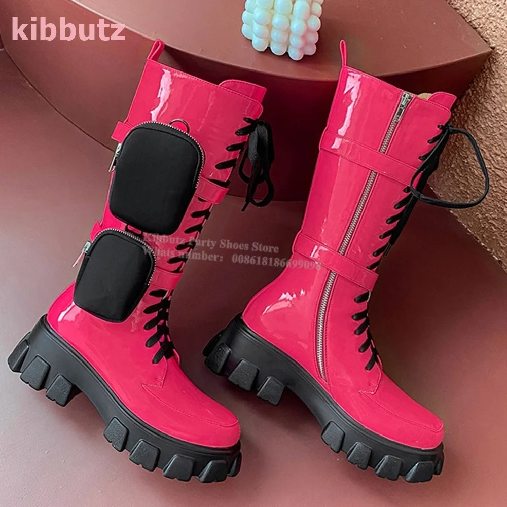 Bags Knight Knee High Boots Platform Round Toe Thick Bottom Lace-Up Side Zipper Patent Leather Novelty Fashion Women Shoes New