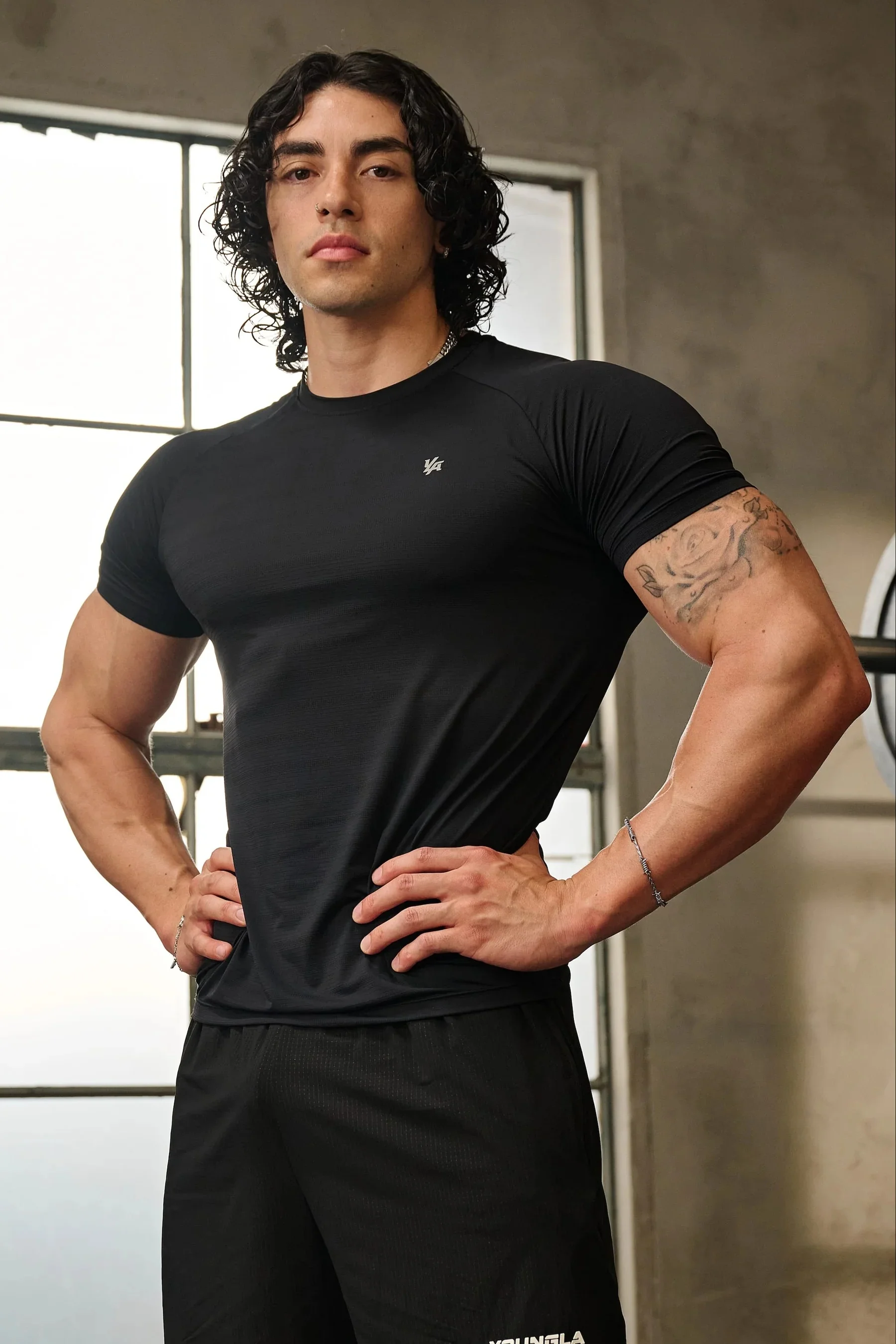 YOUNG LA short sleeved tight fitting shirt, slim fit sports T-shirt, quick drying sports top, gym training base T-shirt
