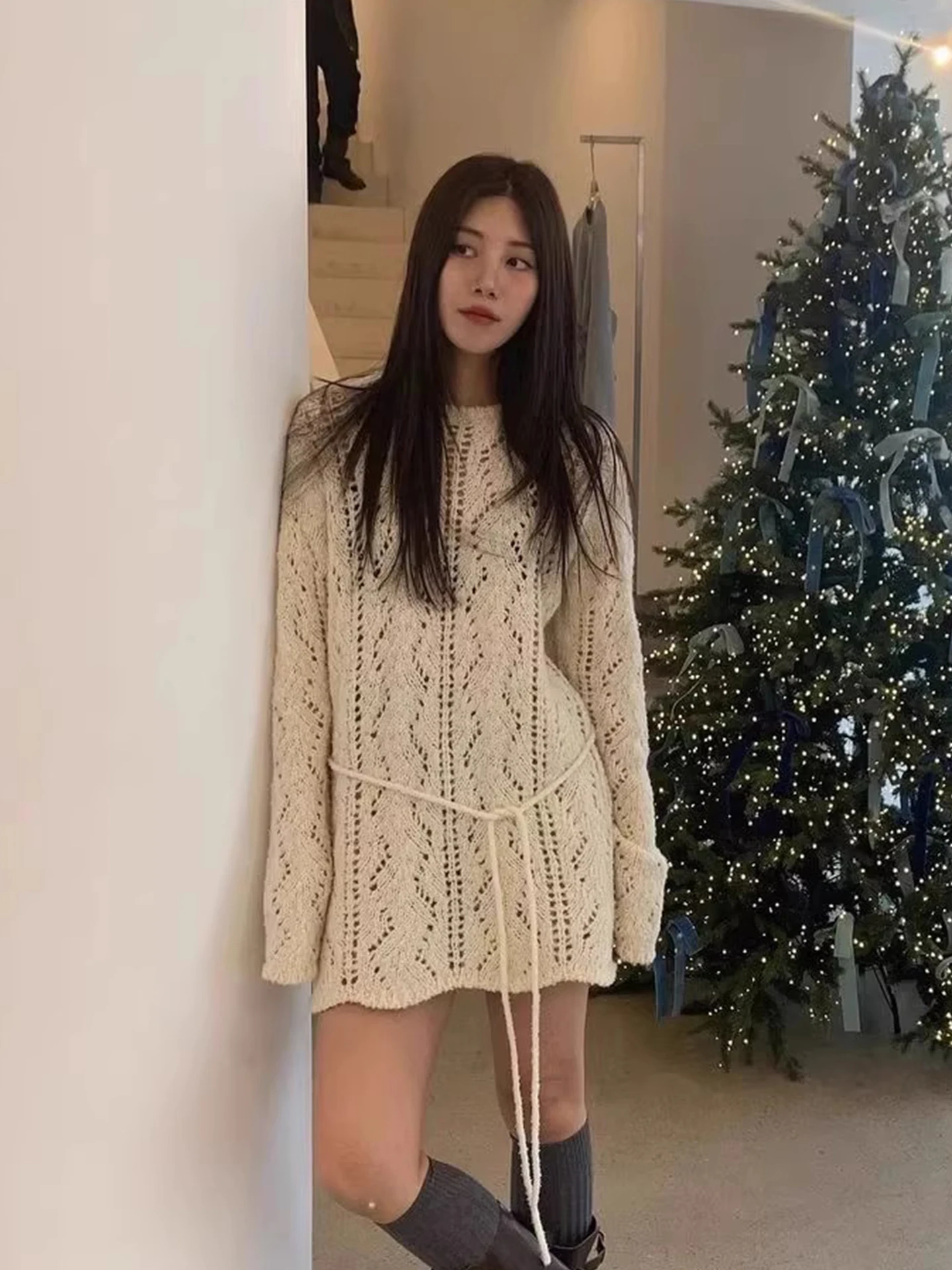 

Sweet Sle Knitted Sweater Women's Autumn New Faion Wave Bellova Hollow out Belted Long Sve round Ne Top