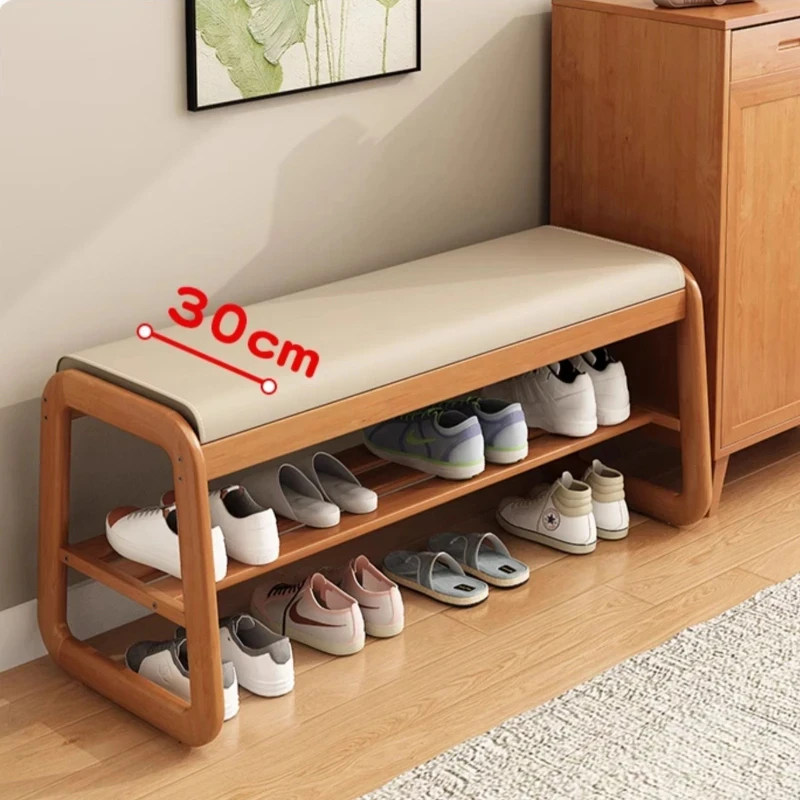 Solid Wood Soft Shoe Cabinet Living Room Integrated Changing Shoe Stool 2 Layers Design Hallway Bench Space Saving Shoe Shelf