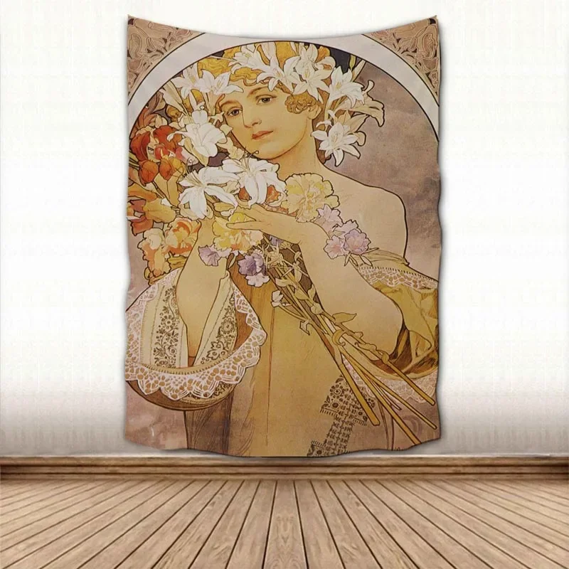 Beautiful Alphonse Mucha Tapestry Wall Hanging Wall Fabric Tapestry Art Home Decoration Sleeping Pad Wall Carpets Dorm Decor