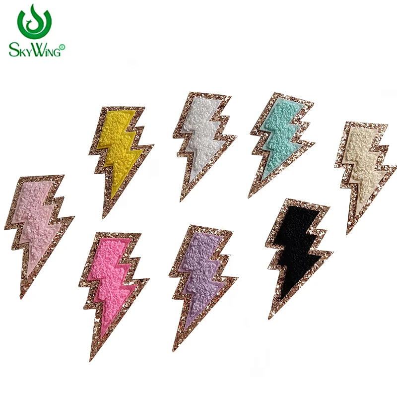 High Quality Factory Direct Selling Gold Glitter Edge Multi Color Iron on Lightning Chenille Embroidery Patches for Clothing