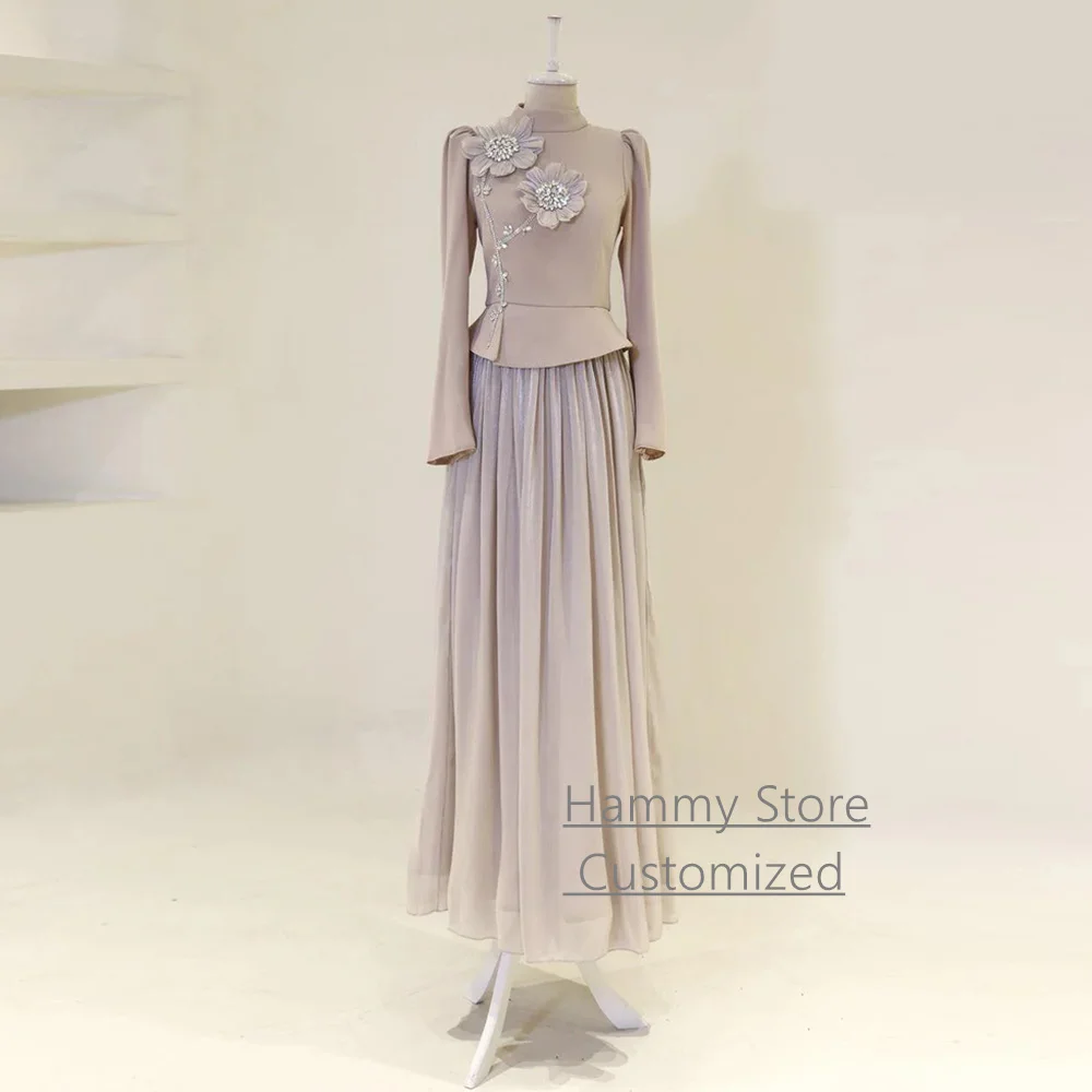 Vestido de noite de duas peças personalizado, gola alta, mangas compridas, miçangas, flores, arábia saudita, vestido de baile