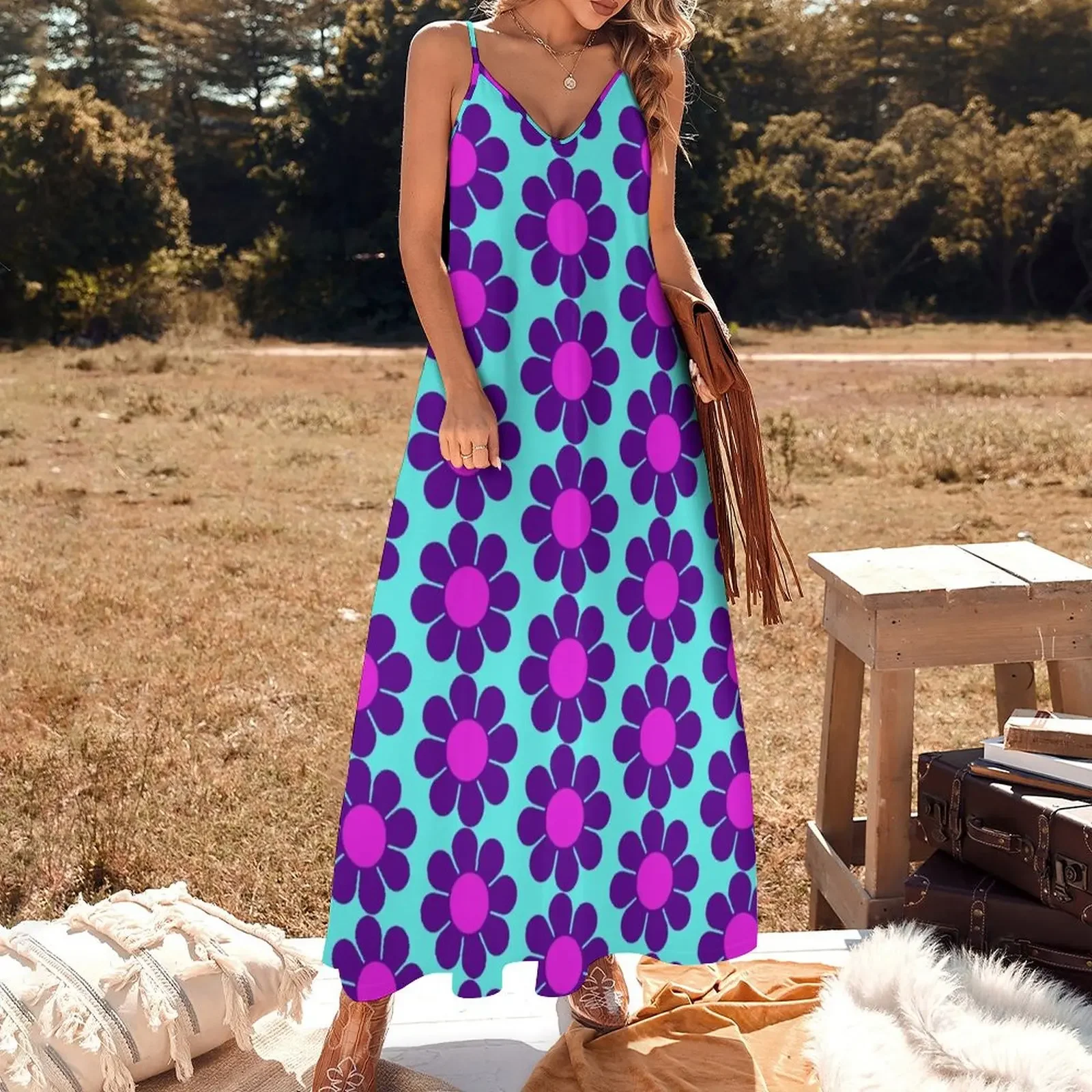 Purple Pink Hippy Flower Daisy Sleeveless Dress women's clothing trend 2024 wedding dresses for woman prom clothes Dress