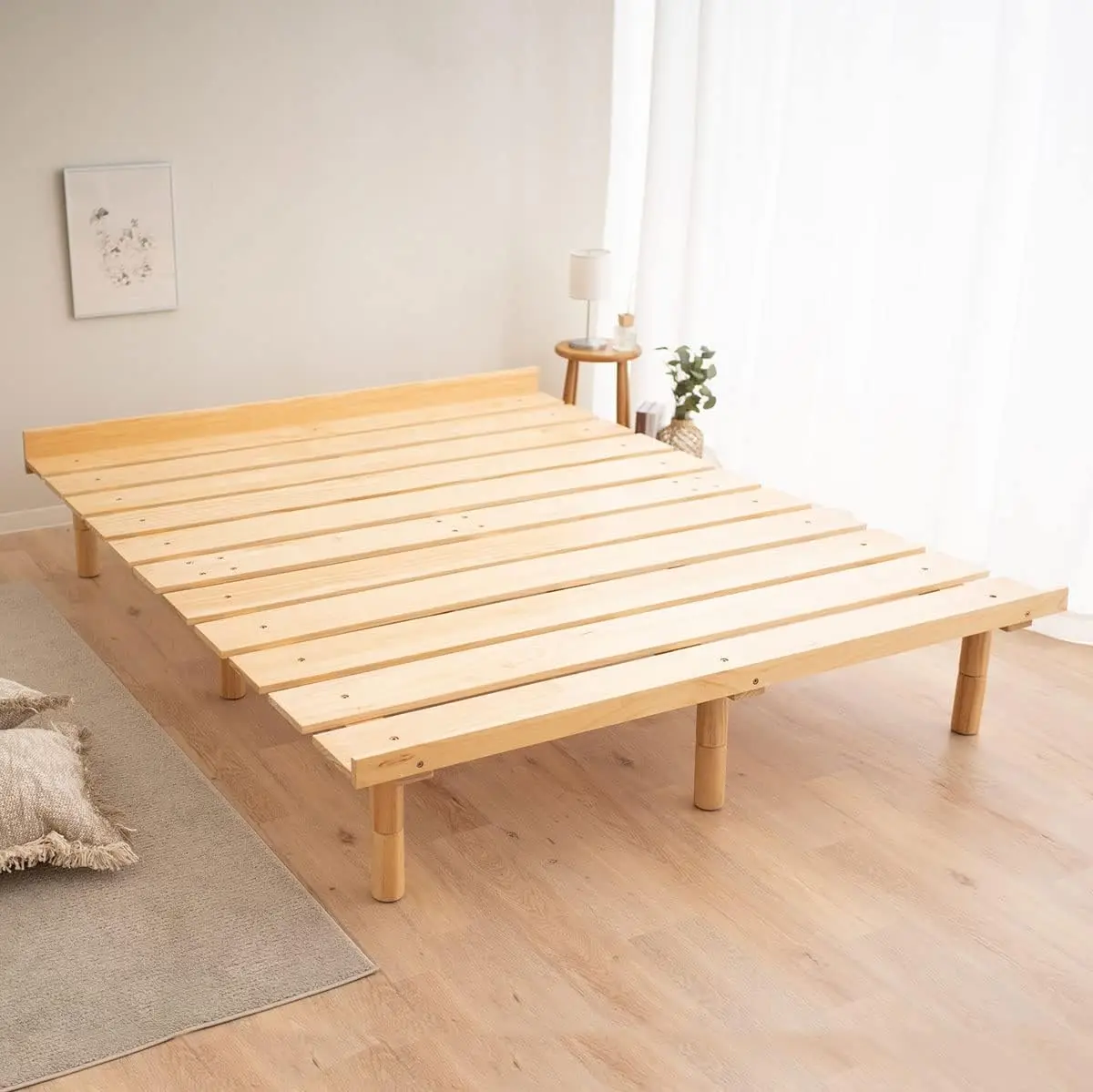 EMOOR Wood Slatted Floor Bed Frame OSMOS Queen for Japanese Futon Mattress Solid Pine (Earth-Natural), Height Adjustable