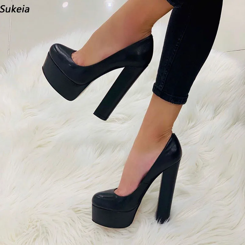 Sukeia New Arrival Women Platform Pumps Slip On Faux Leather Round Toe Elegant Black Party Shoes Ladies US Plus Size 5-20