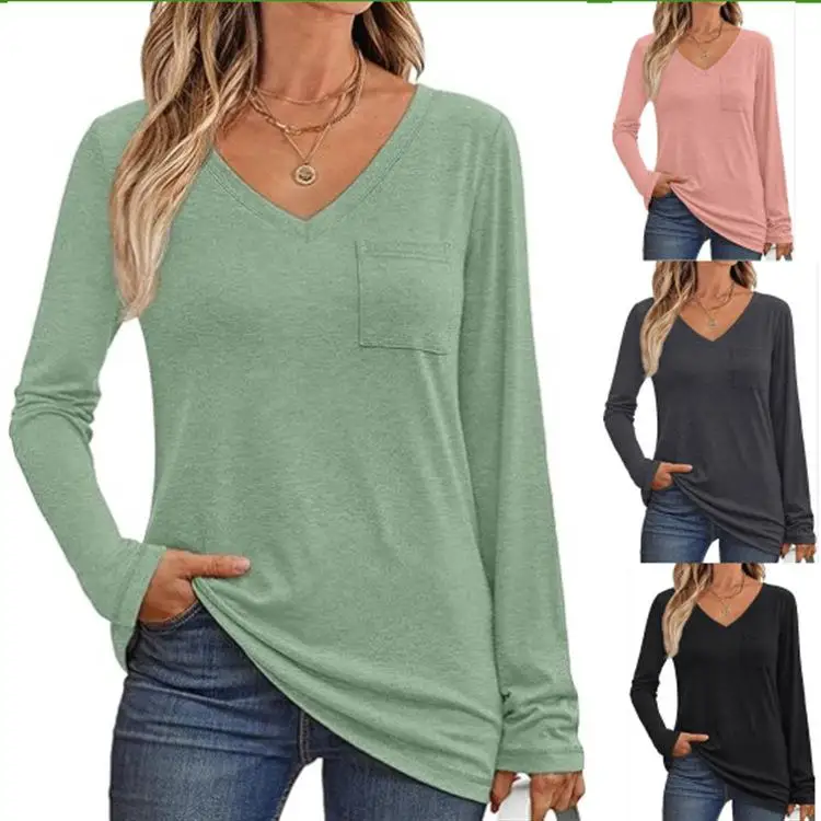 

Women's V-Neck Long Sleeve Shirt with Pocket Casual Style T-Shirt Other 100% Fabric No Brand Registered Trademark