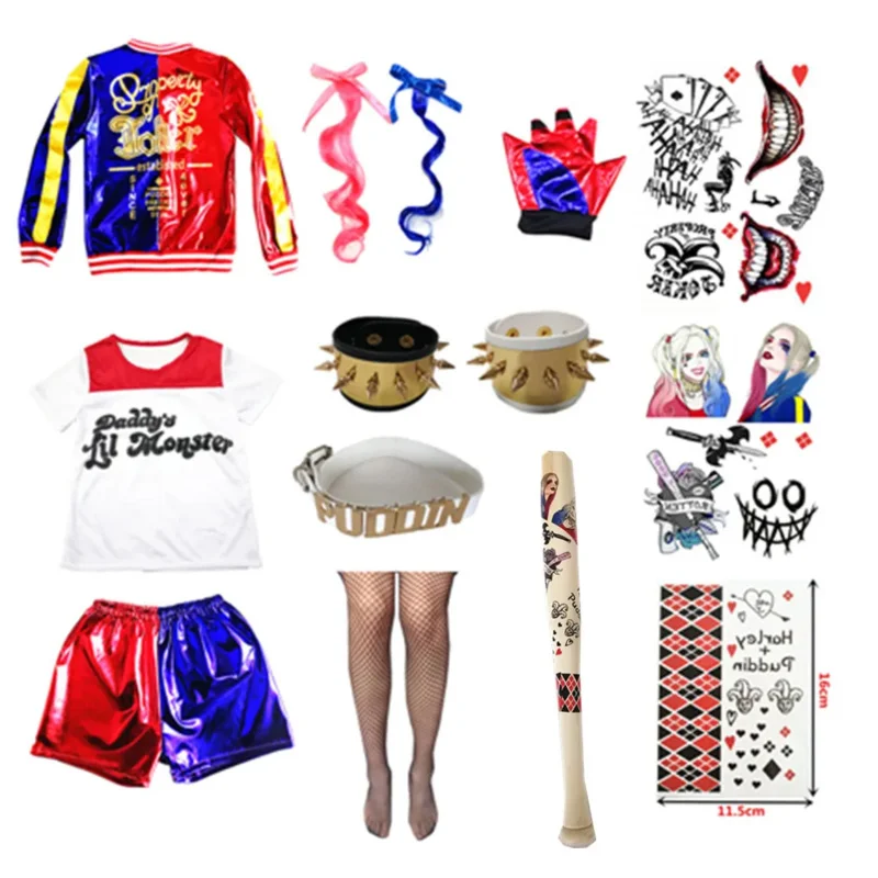 2025 Nieuwe Kinderen Meisjes Harley Kostuums Cosplay Quinn Monster Jas Broek T-Shirt Sets Party Kleding QAQ2