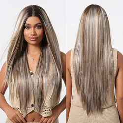 Long Straight Ash Gray Blonde Highlight Synthetic Wigs 13*6 Lace Frontal Wig Preplucked Baby Hair Wigs for Women Brazilian Daily