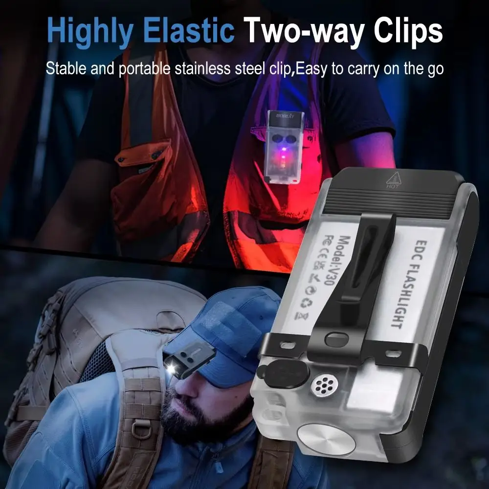 

With Two-Way Clip LED Flashlight Type-C Rechargeable 180°Rotation Head Small Powerful Flashlight Buzzer Torch Alarm Emergency