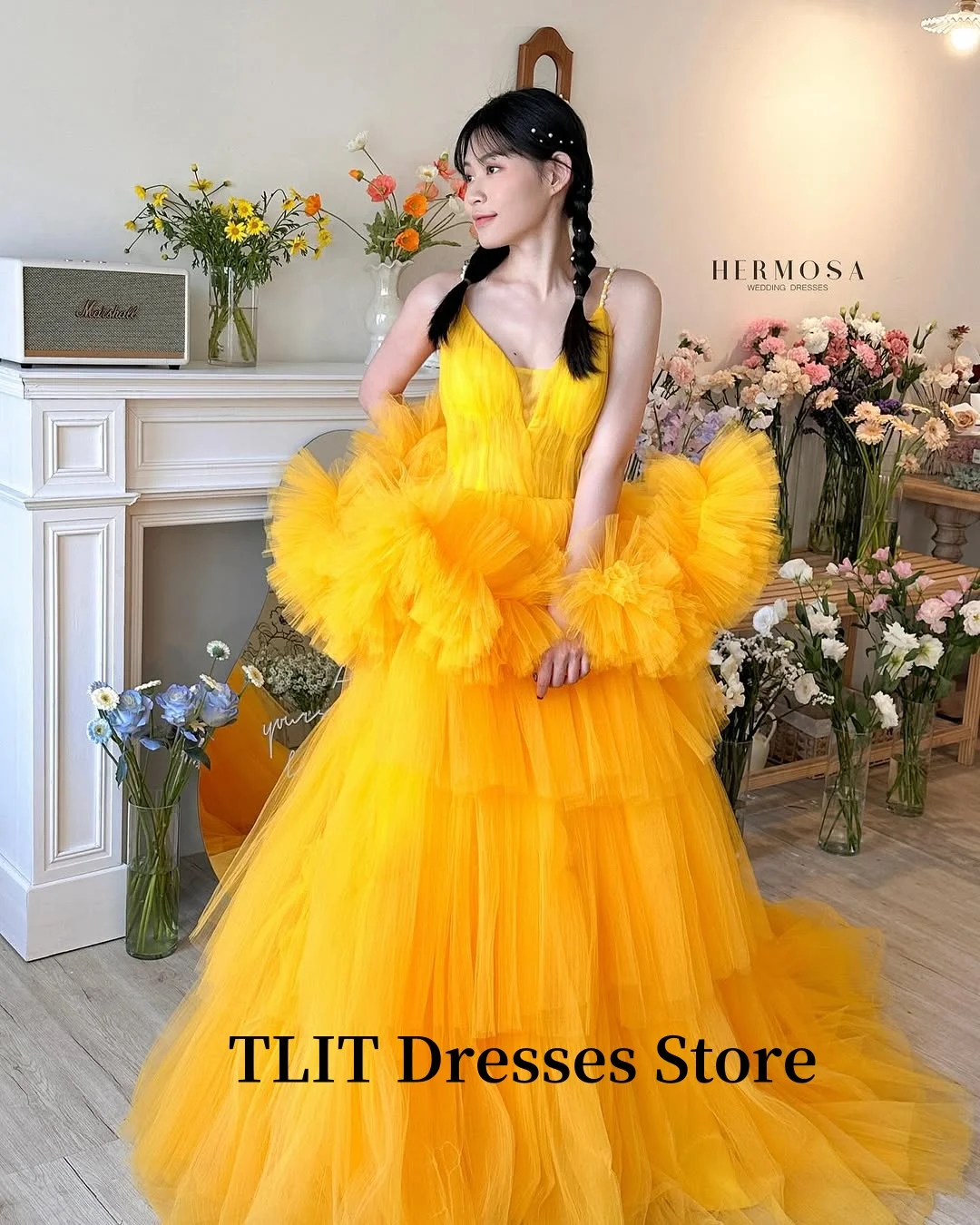 TLIT Princess Bright Yellow Tulle Evening Dresses Tiered Sweetheart Straps Prom Gowns Birthday Formal Party Wedding Photo shoot