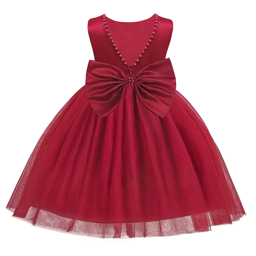 ชุดเดรสเด็กผู้หญิงสำหรับงานแต่งงาน งานปาร์ตี้วันเกิด งานคริสต์มาส งานเลี้ยงตอนเย็น ผ้าซาติน คอวี ผูกโบว์ใหญ่ ผ้าทูลล์