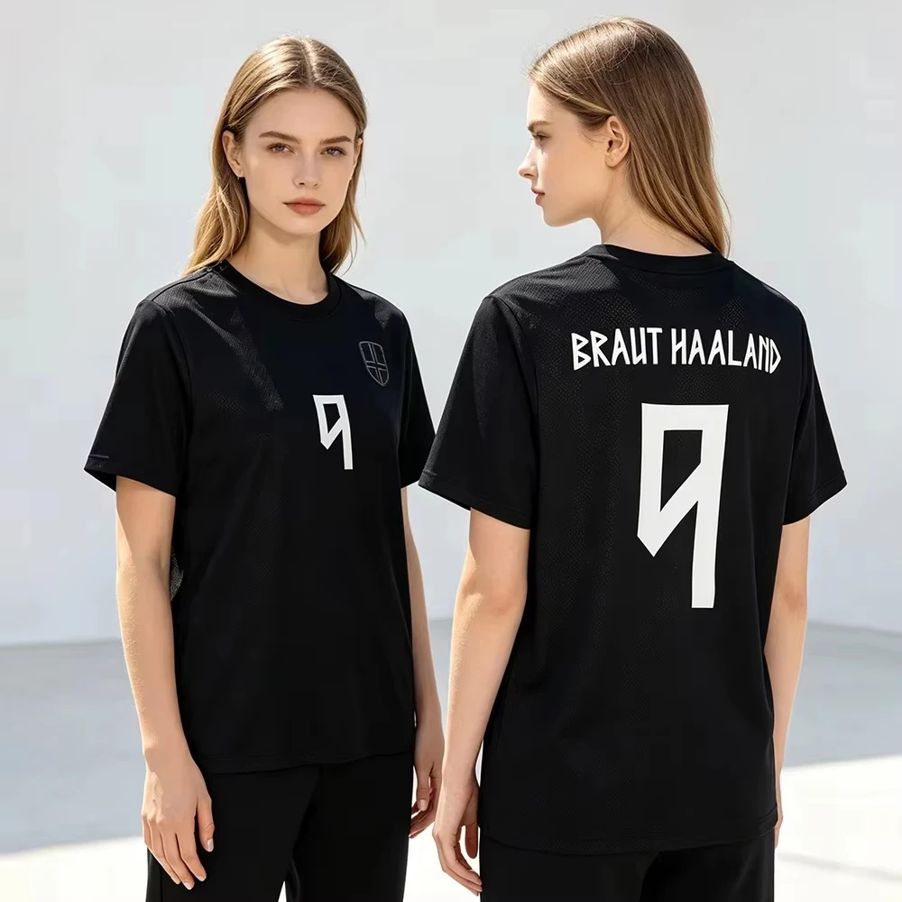 26 Kids Haaland Norway Name & Number 9 T-Shirt Black Breathable Mesh Jersey Round Neck Casual Short Sleeve Unisex Tees T Shirt