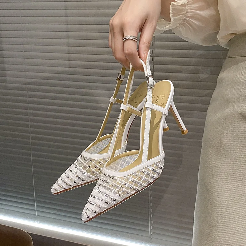 

2025 Summer Sexy Mesh Pointed High Heels Open Back Women Dress Sandals Rhinestone Womens Shoes