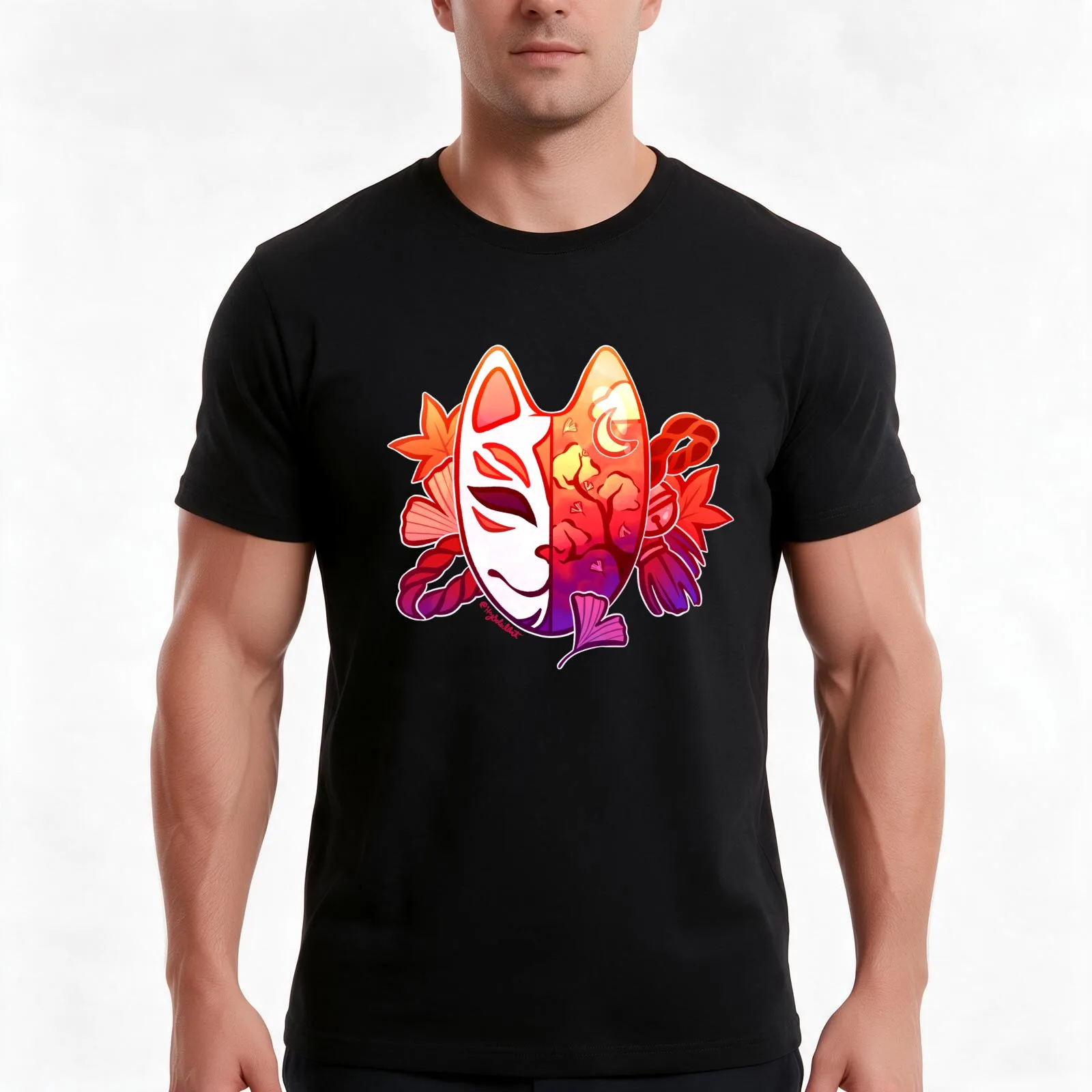 Autumn Spirits Kitsune Mask T-Shirt, Summer Casual Cotton Tee, Oversized Streetwear Tops, Vintage Graphic Print, 100% Cotton