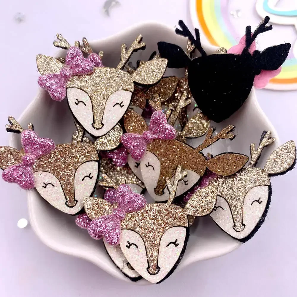 10pcs Felt Fabric Colorful Glitter 3D Bepowder Cartoon Bowknot Golden Deer Patch Applique Sewing DIY Hair Bow Crafts Supplie XE8