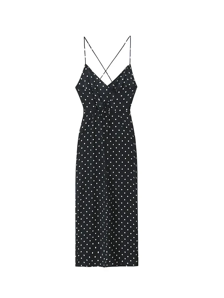 2024 Summer Polka Dot Slip Dress Woman Sexy Backless Long Dresses for Women Midi Dress Woman Pleated Party Dresses