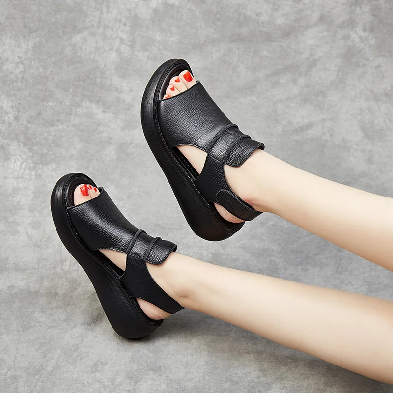 Women Summer Sandals Genuine Leather Flat Platform Sandals For Women Hollow Out Breathable Wedge Sandals Ladies Casual Sandals image 5