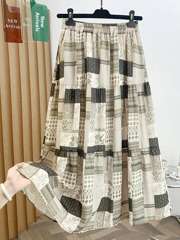 Women's A-Line Midi Skirt Printed Half-length Summer Vintage High-waist Patchwork Color Block Commute Style Casual Loose Fit