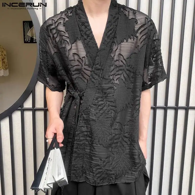 

Fashion Casual Style Tops INCERUN New Men Texture Jacquard Tie Design Shirts Summer Streetwear Short Sleeved V-neck Blouse S-5XL